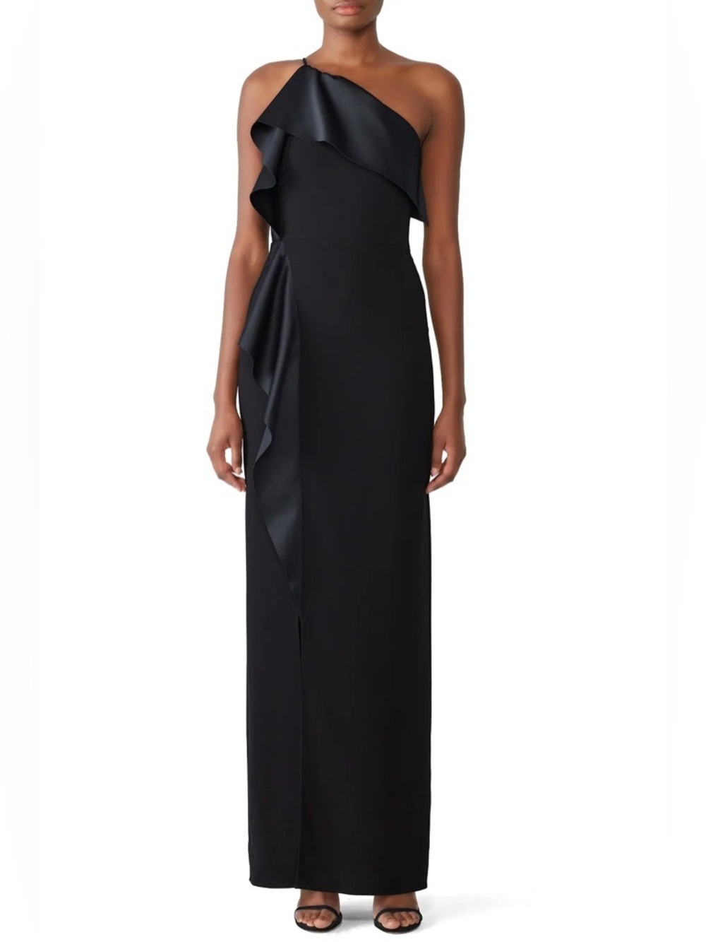 Halston Heritage Draped Column Gown Black Maxi Dress Ruffle Sz 4 - Picture 2 of 15